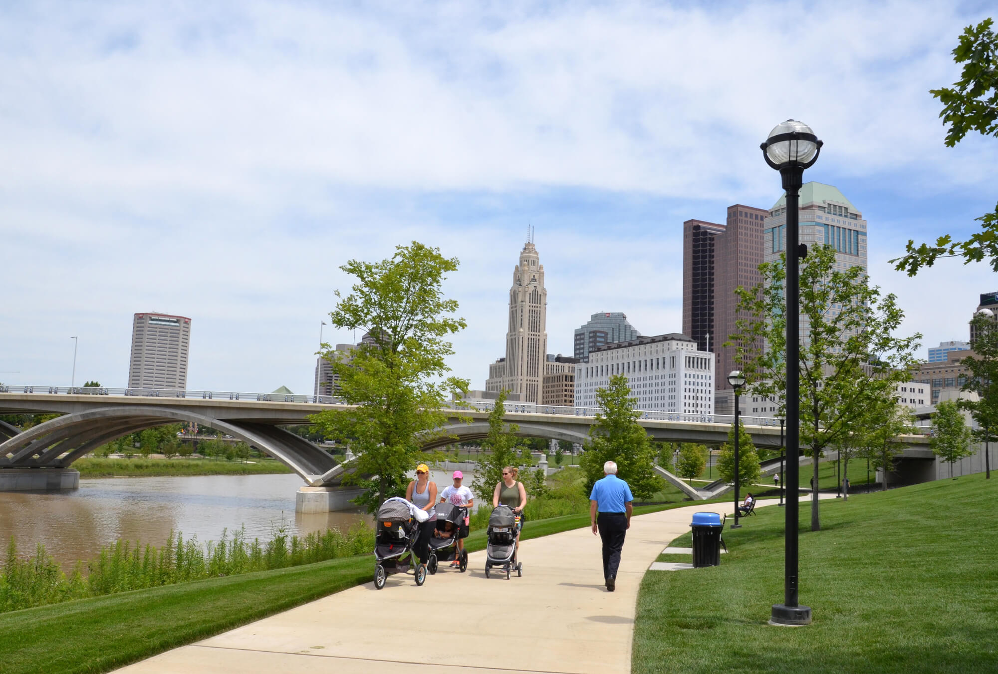 people strolling along riverside path in columbus ohio