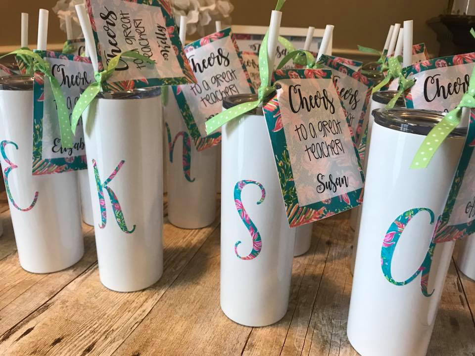 Monogrammed cups with tags for teachers