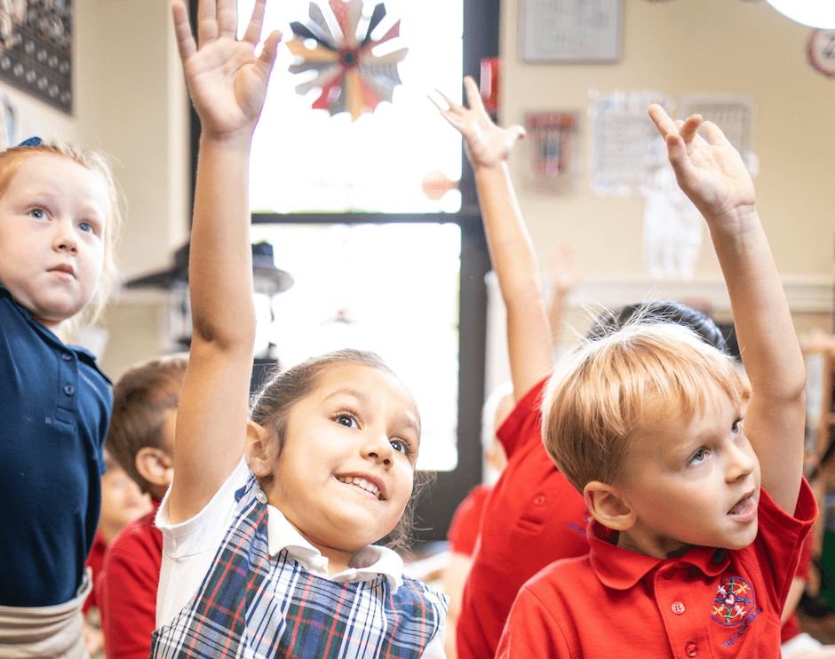 Students raising hands in class