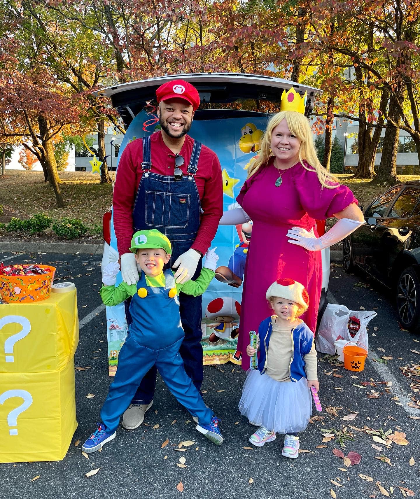 family dressed as mario kart characters