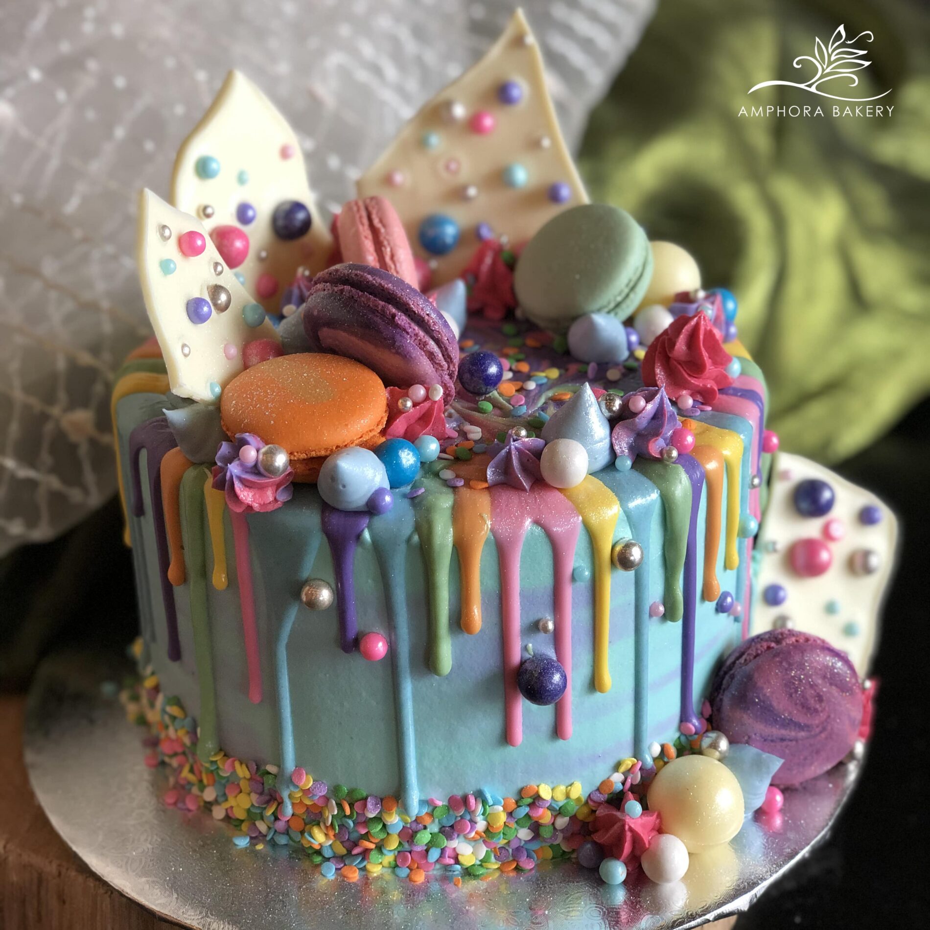 elaborately decorated cake by Amphora Bakery