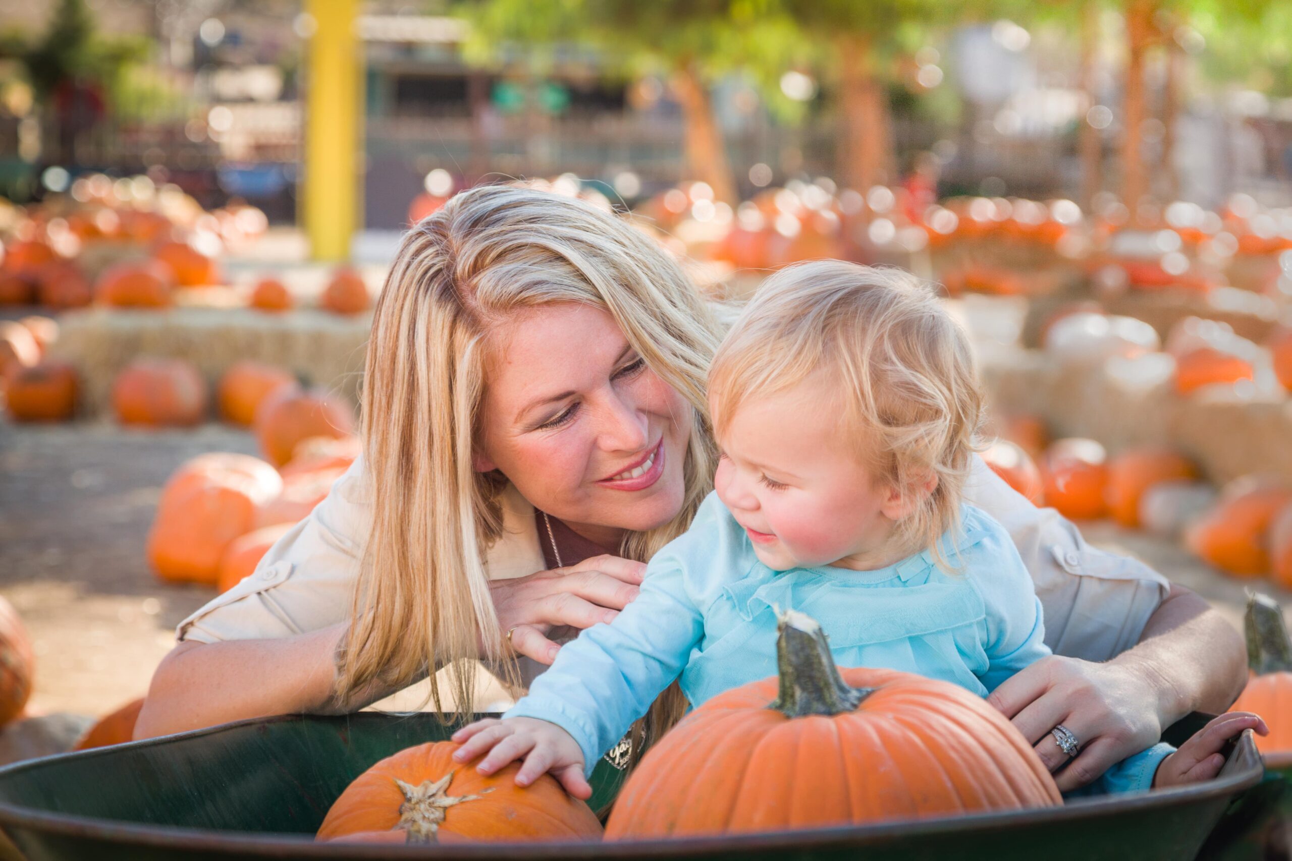 mom and baby looking at pumpkins at pumpkin fest