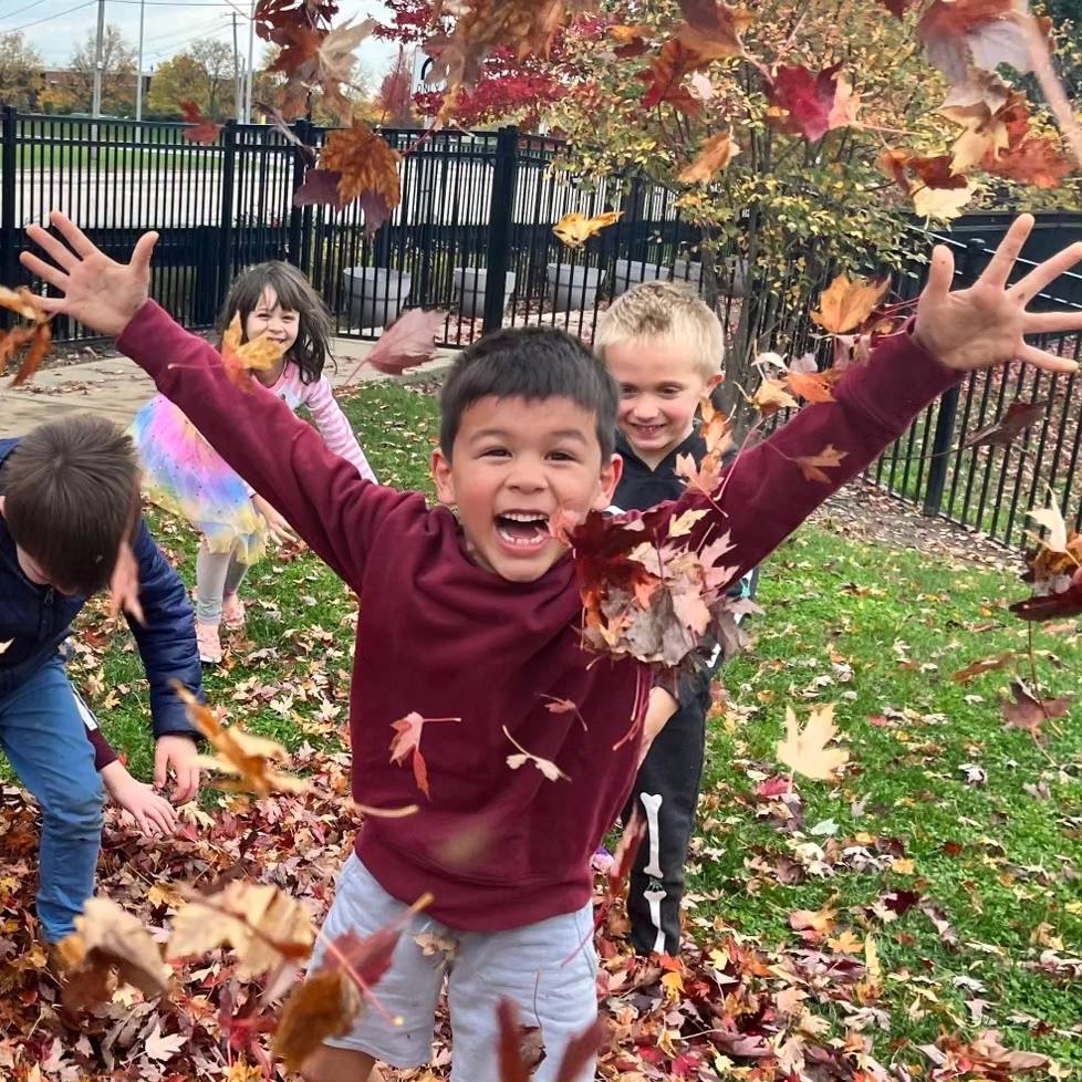 Child throwing leaves in the air for the holiday season.