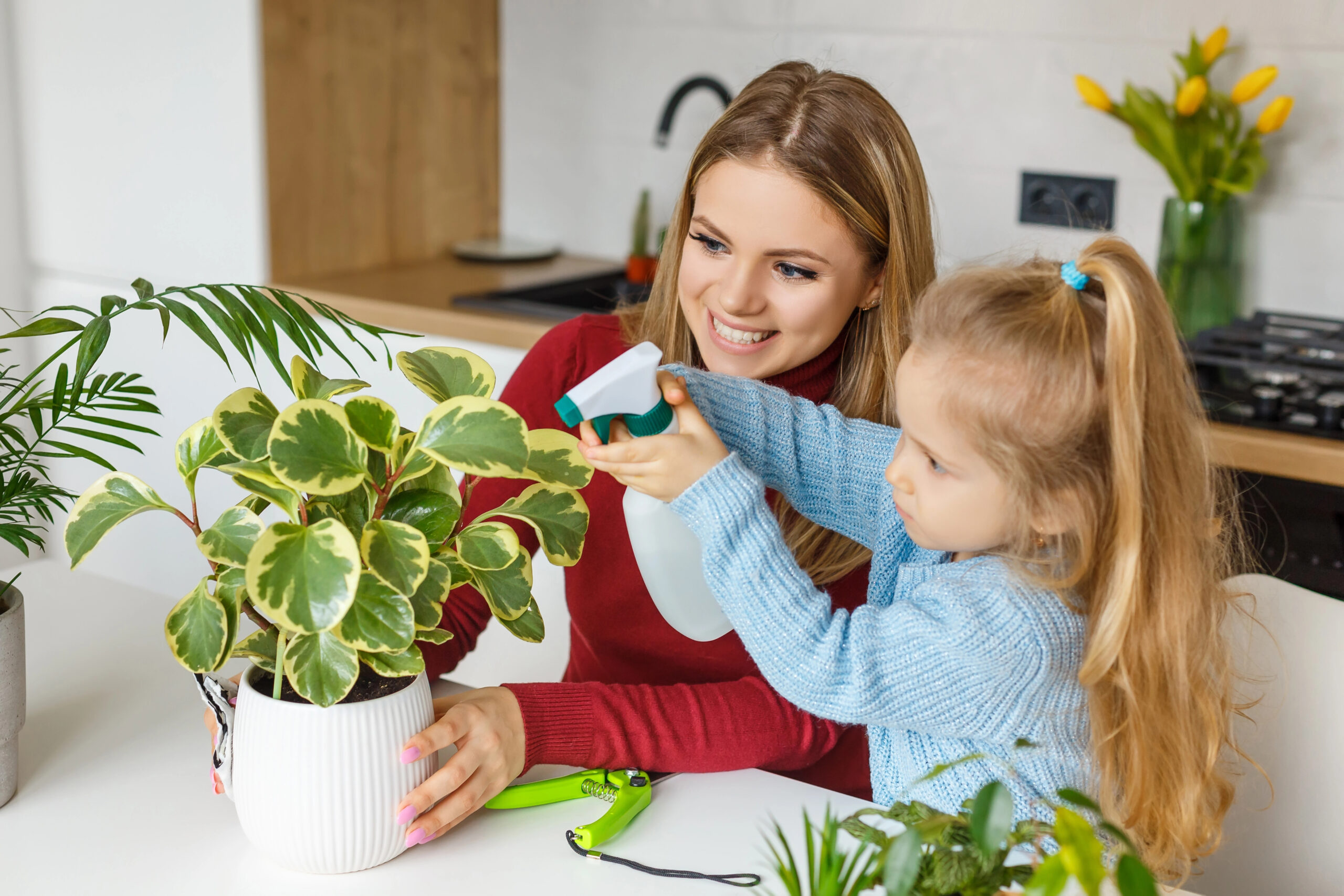 mom and child watering house plant.